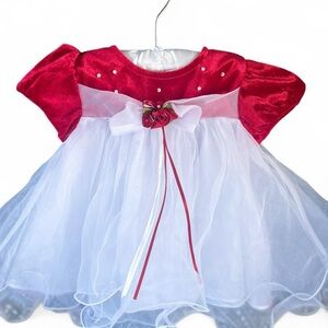 Red and White Baby Dress with Bow & Roses